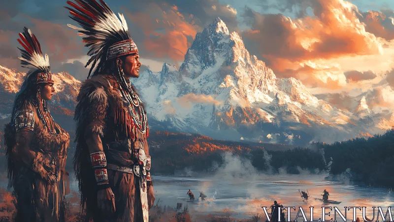 Indigenous figures in furs before snowy mountain lake scene.