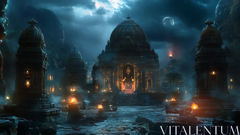 Moonlit temple ruins glowing with secret midnight fires.