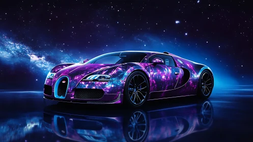 Sports car with galaxy livery on reflective surface at night.