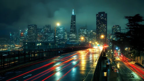 Rainy city lights guiding late-night journeys homeward.