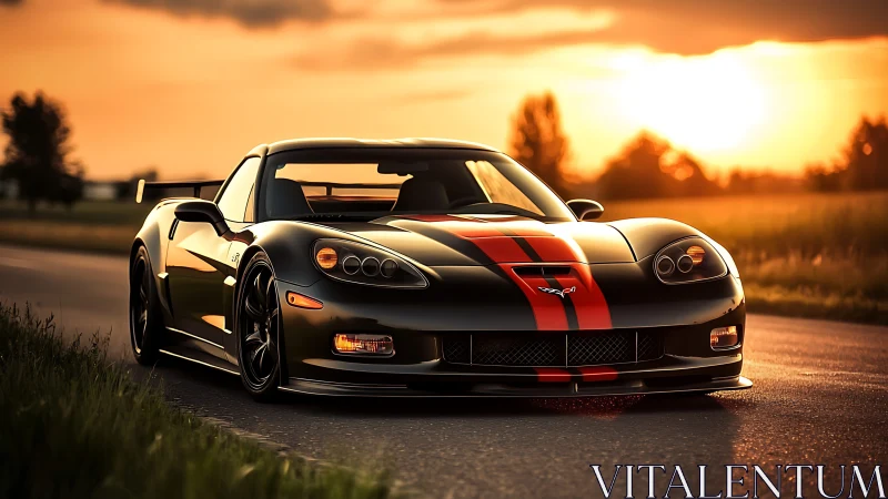 Black sports car glows against a dramatic country sunset sky.
