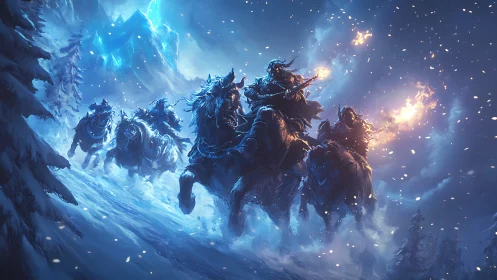 Frostbound riders charging with torches through icy blizzard.