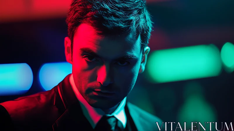 Moody male portrait under dual color gel lighting in shallow focus