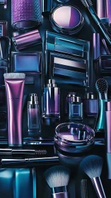 Iridescent cosmetic tools glow in sleek futuristic layout.