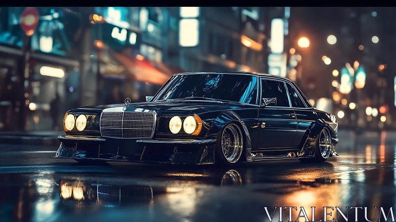 Cyberpunk lowrider sedan on neon-soaked nocturnal boulevard.