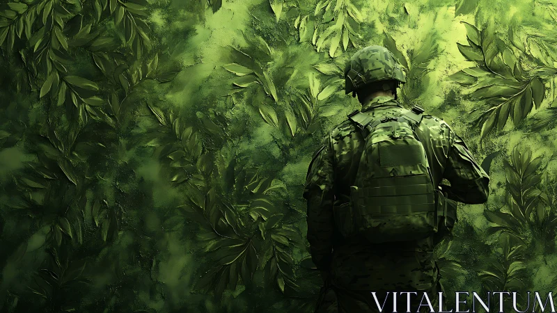 Soldier in green camouflage gear against dense jungle wall.