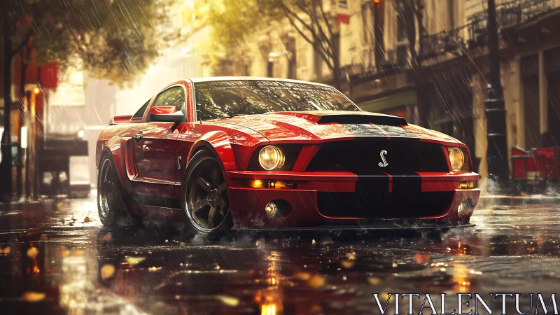 Red muscle car glows against a rainy city street backdrop.