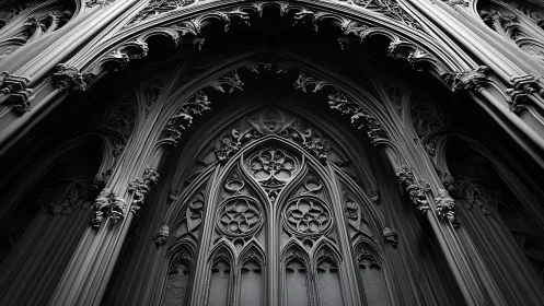 Gothic steel cathedral façade carved in shadows and light.