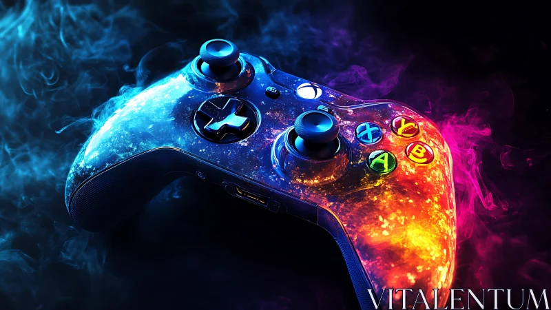 Gaming controller rendered with luminescent effects and chromatic gradients.