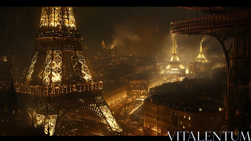 Noir Paris skyline with illuminated Eiffel structures at night.