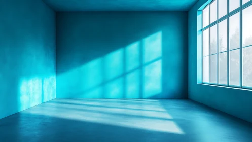 Minimalist cyan room interior with long window light shadows.