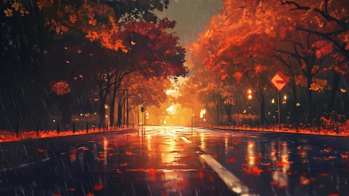 Rain-soaked autumn avenue under glowing sunset canopy.