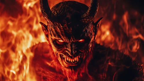 Horned demon emerging from blazing inferno with glowing eyes
