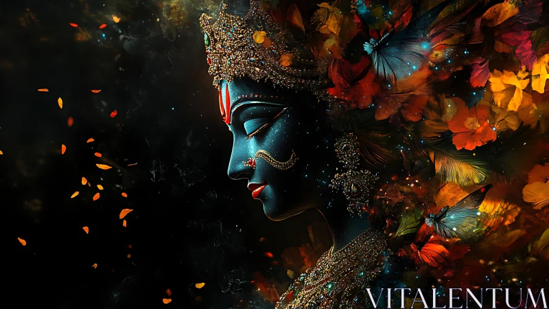 Profile of ornate blue deity amid abstract floral forms.