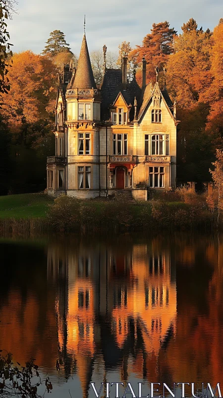 Lakeside gothic manor mirrored in autumn dusk light.
