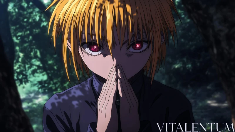 Forest focus and ruby eyes in a quiet moment of resolve.