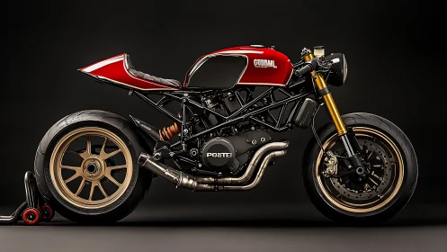 Crimson cafe racer motorcycle basking in studio spotlight.