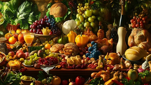 Harvest chorus spills across a table in baroque abundance