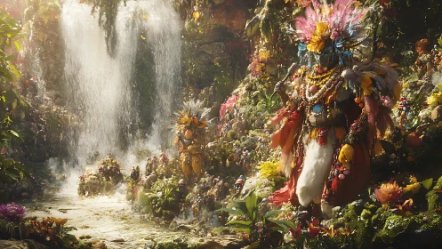 Shamanic figure in hyper-detailed jungle sanctuary near waterfall
