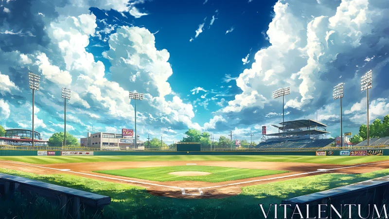 Sunlit baseball stadium rests under towering summer clouds