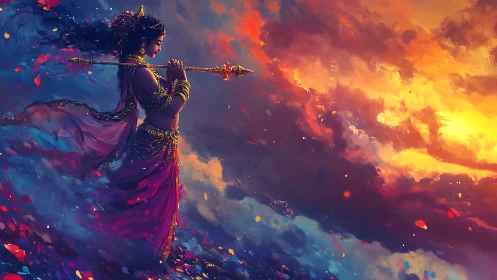 Warrior woman holds spear against vivid sunset sky
