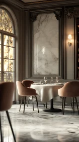 Sunlit corner table in a quietly luxurious restaurant.