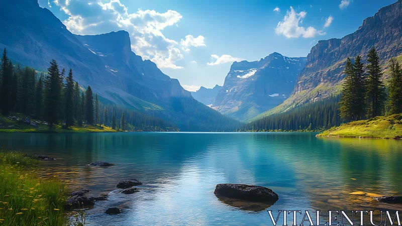 Mountain lake with pine forest and distant snowy peaks.