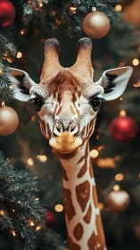 Giraffe portrait framed by decorated Christmas tree.