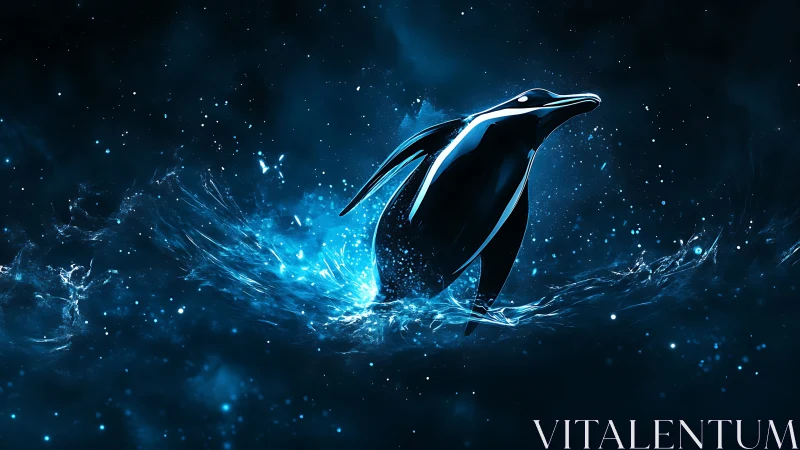 Neon penguin erupts from electric cyan cosmic water field.