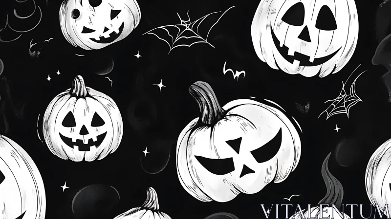 Jack-o-lantern pumpkins repeat across dark Halloween background
