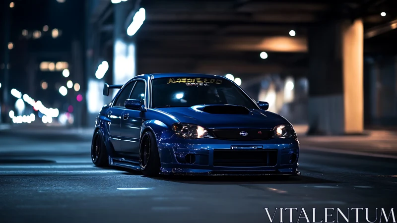 Midnight blue tuner car waits under city lights in style