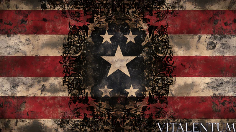 Distressed American flag with central star crest motif.