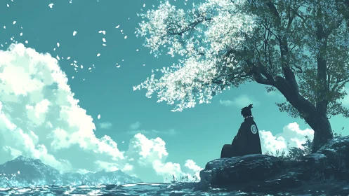 Solitary figure under spring tree beside calm water.