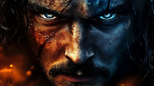 Bifurcated warrior portrait with thermal‑cool chromatic contrast.