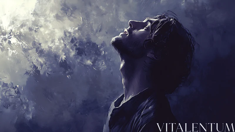 Man in side profile under stormy sky in moody blue light.