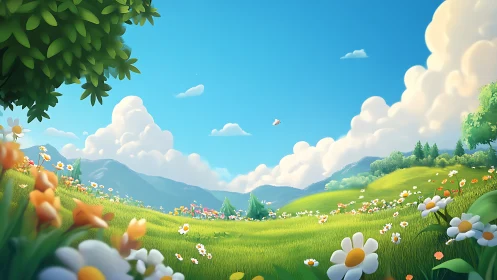 Sunlit wildflower meadow under bright summer sky.