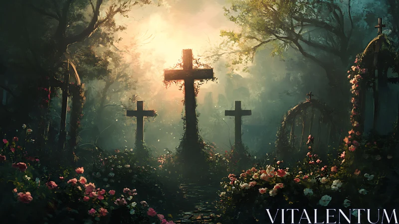 Backlit ivy crosses structure luminous focal depth in misty graveyard