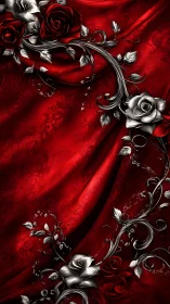 Ornamental Roses with Metallic Foliage on Crimson Textile Surface.