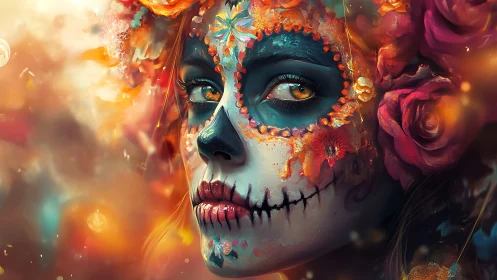 Dia de los Muertos portrait with floral sugar skull makeup