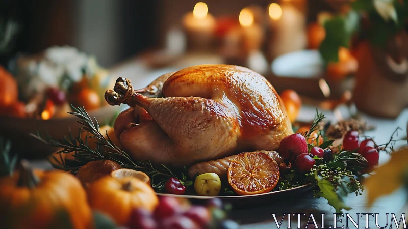 Roast turkey centerpiece with citrus and herbs on festive table.