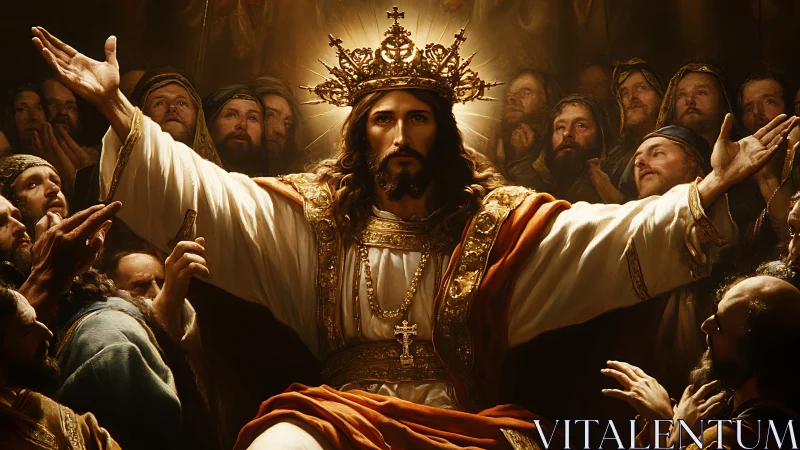 Crowned robed messianic figure enthroned amid adoring crowd