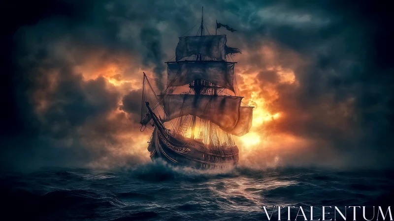 Cinematic digital painting of tall ship in storm glow seascape.