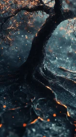 Tree trunk and roots over ember-lit ground at night.