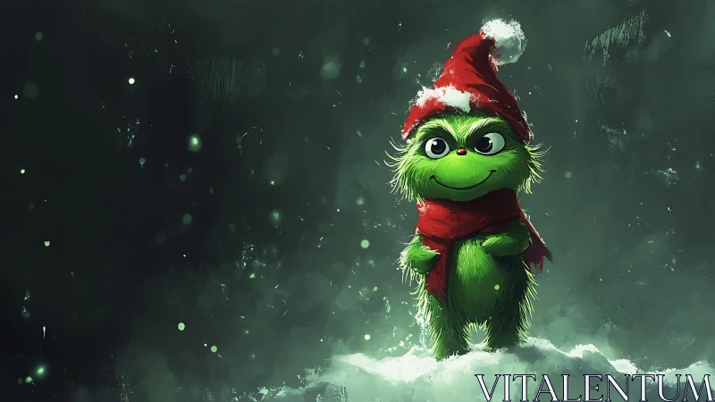 Green Christmas creature in snow with red Santa hat