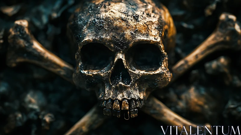 Corroded human skull and crossed femurs in dramatic macro focus