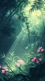 Enchanted Forest Glade with Pink Flowers and Misty Light.