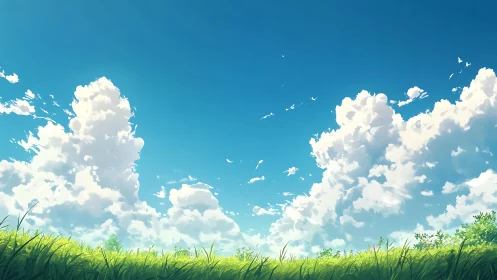 Cumulus cloud formations over grassy field under blue sky.