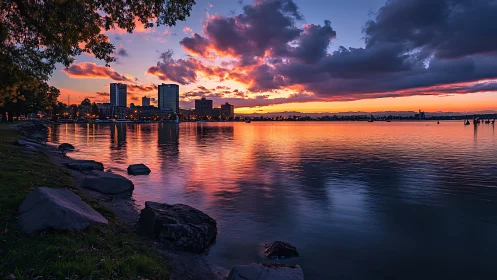 Urban waterfront skyline under vivid sunset cloud cover.