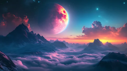 Luminous alien moonrise over nebular mountainscape horizon.