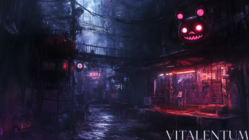 Neon lit cyberpunk alley with glowing jack o lantern sign.